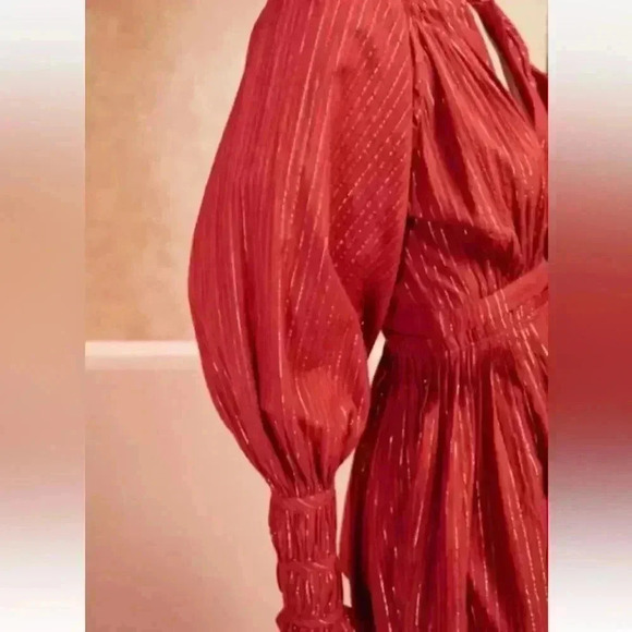NWOT ULLA JOHNSON Metallic Cotton Long Sleeve Red Ruby Rory Dress Pockets Size 6 - Picture 3 of 14